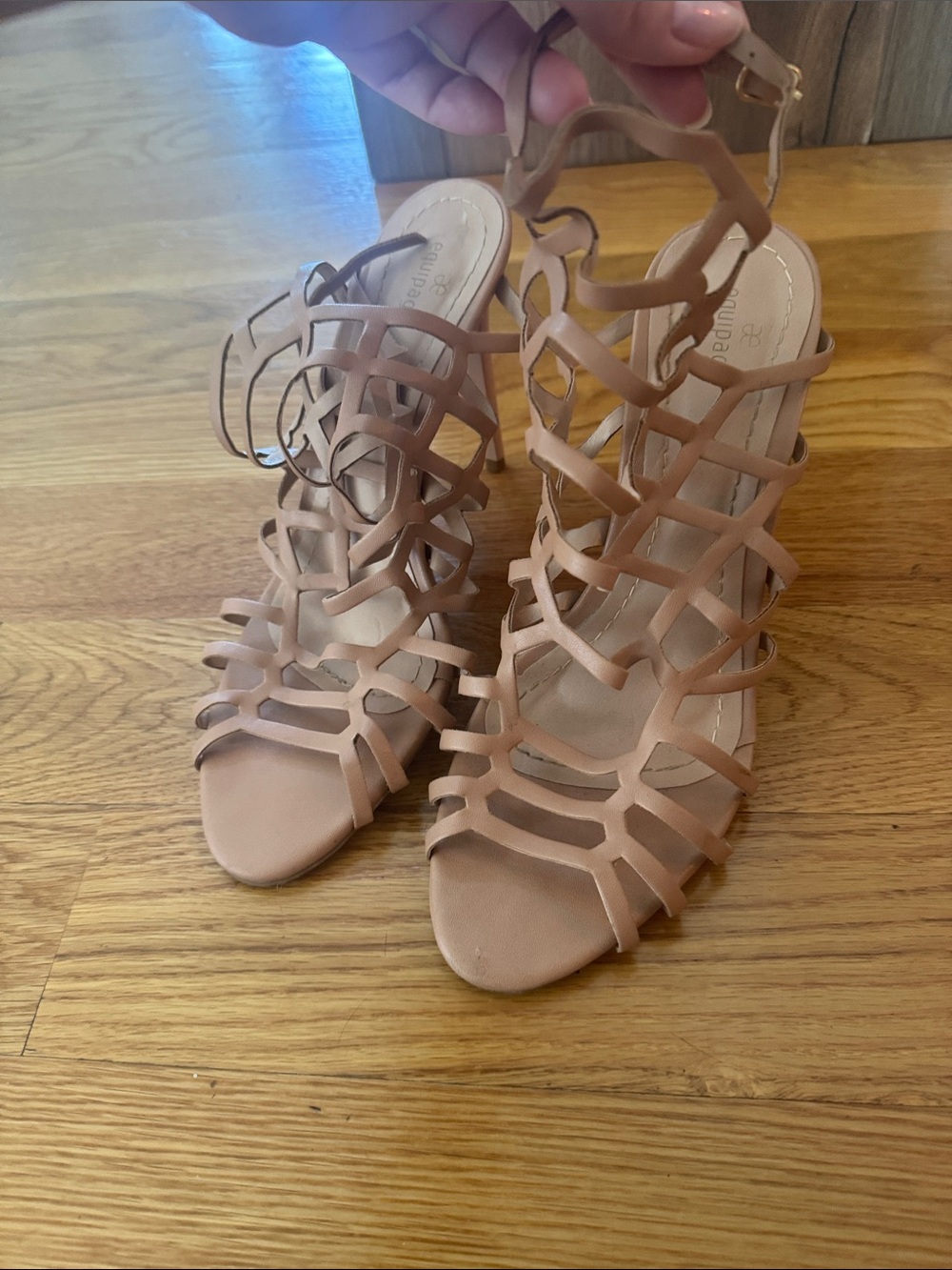 Strappy Cage Heeled Sandals in Nude Tan
